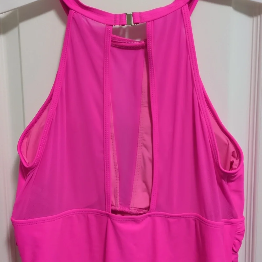 Pink High Neck Mesh Ruched One Piece Swimsuit Size 16W - Picture 6 of 8